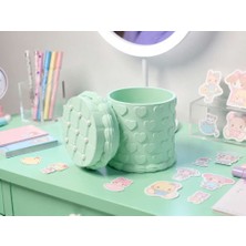 Bin1çeşit 3D Baskı Kabartma Kalp Desenli Kapaklı Kalemlik - Masaüstü Organizer - Mint