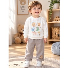Bubiee Baby Erkek Bebek Çocuk Hayvan Figürlü Ekru Sweatshirt Gri Pantolon 2'li Takım