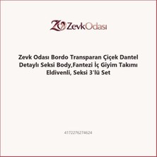Zevk Odası Bordo Transparan Çiçek Dantel Detaylı Seksi Body,fantezi Iç Giyim Takımı Eldivenli, Seksi 3'lü Set