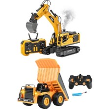 Odea Oyuncak Uzaktan Kumandalı Iş Makinesi 2'li Set Metal Başlıklı Buharlı Ekskavatör ve Damperli Kamyon Şarjlı LED Işıklı Sesli