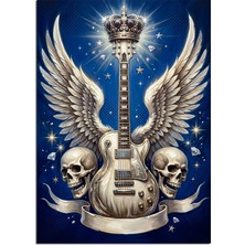 Karizma Tablo Kanatlı Taçlı Elektro Gitar Rock Tablosu Dekoratif Kanvas - Mdf Ahşap Tablo