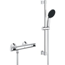 1001 Precision Flow Termostatik Duş Bataryası ve Vitalio Start 110 Sürgülü Duş Seti, 110MM 1 Akışlı El Duşu, 600MM Sürgülü Ray, 1750MM Duş Hortumu, 38°c Sabit Sıcaklık Ayarı, Krom, 34800001