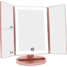 1001 1X-2X-3X-10X Büyütmeli 37 LED Işıklı Makyaj Aynası, 3 Panel, Katlanabilir, Dokunmatik Sensörlü (Rose Gold)