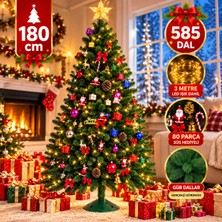 Yıldızhane 180 cm 585 Dal Yılbaşı Çam Ağacı 80 Parça Süs Hediyeli 3 Metre LED Işıklı Demir Ayaklı Yılbaşı Ağacı Seti