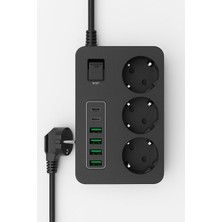 1001 Çoklu Priz 3 Ac Soket + 5 USB (2 Usb-C, 3 Usb-A) - 2 Metre Kablo, Çocuk Korumalı, 3000W Güç, Isıya Dayanıklı, Anahtarlı Uzatma Kablosu