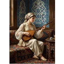 Karizma Tablo Bağlama Çalan Kadın ve Çini Duvar Dekoratif Kanvas - Mdf Ahşap Tablo