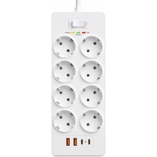 1001 Fulltech 3680W 8’li Akım Korumalı Uzatma Prizi - 2 Usb-A 2 Type-C, 2 Metre Kablo, Akıllı Koruma Sistemli Çoklu Priz Çoğaltıcı Grup Priz 8'li Priz 8'li Fiş Grup Fiş