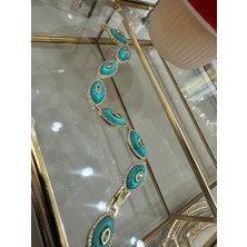 Esmeray Aksesuar Vip Çelik Gold Renk Zirkon ve Firuze Doğal Taşlı Tasarım Bileklik Uzunluk 16 Cm. Ek Klipsle 19,5 Cm.