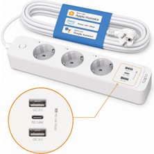 1001 P300, 1.5m, 3'lü Akıllı Wi-Fi Priz, 18 W Hızlı Şarj, Uzaktan Kontrol, Kolay Kurulum ve Kullanım, Amazon Alexa, Google Home ve Homekit Desteği