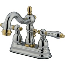 1001 KB1604AL Heritage 4 Inç Centerset Lavabo Bataryası Metal Kol Saplı, Parlak Krom ve Parlak Pirinç