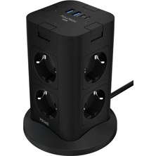 1001 Akım Korumalı Kule Tipi Priz, 8'li Priz Soketi, 8x Fiş Soketi, 2x USB Girişi, 2x Type-C Girişi, 20W Hızlı Şarj, Isıya Dayanıklı Yapı, 2 Metre Kablo, Aşırı Gerilim Koruyucu Çoğaltıcı (230V/16A/1050J)