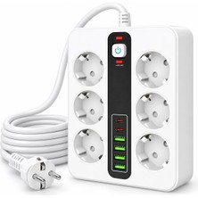 1001 6'lı Grup Priz 4xusb 2xtype-C Çıkışlı Isıya Dayanıklı Power Tuşlu 2 mt Kablolu Priz Çoğaltıcı