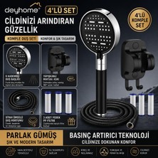 1001 Filtreli Duş Başlığı, 6 Kademeli Su Akışlı, Basınç Artırıcı, Kaymaz Silikon Kaplama, Siyah-Gümüş, Pp Filtre (4'lü Set Siyah)