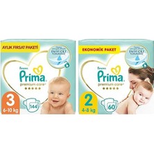 1001 Bebek Bezi Premium Care 3 Beden 144 Adet Midi Aylık Fırsat Paketi & Prima Bebek Bezi Premium Care 2 Beden 60 Adet Mini Jumbo Paket