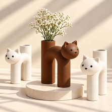 🐈 Rokh Kahverengi Beyaz Kedi Figürlü Vazo 3’lü Set | 3D Baskı Pla | Dekoratif Çiçeklik & Kalemlik | Modern Ev ve Ofis Dekoru 🎁