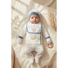 Gaye Nuvola Teddy Ayıcık Nakışlı 5'li Bebek Hastane Çıkışı Seti - %100 Pamuk Mavi Ekose Desenli Yenidoğan Takımı