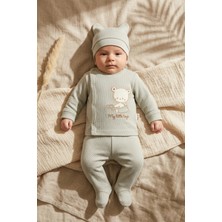 Babycan Lulla Cloud Bebek Yeşil Ayıcık Nakışlı 3'lü Hastane Çıkışı Seti - %100 Pamuklu Jakarlı Zıbın, Patikli Alt ve Şapka