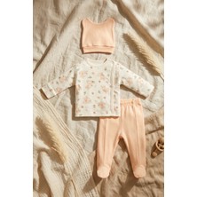Babycan %100 Pamuklu 3'lü Kız Bebek Takımı - Tavşan Desenli Kimono Üst, Patikli Pantolon ve Kulaklı Bere Seti