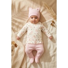 Babycan %100 Pamuklu 3'lü Kız Bebek Takımı - Tavşan Desenli Kimono Üst, Patikli Pantolon ve Kulaklı Bere Seti
