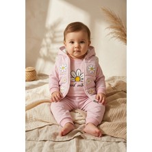 Minitix Kız Bebek Pembe Papatya Desenli 3'lü Takım - Kapüşonlu Şişme Yelek, Sweatshirt ve Eşofman Altı Kombini