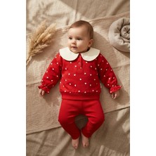 Ciciben Kız Bebek Kırmızı Kalp Desenli Bebe Yakalı Sweatshirt ve Fitilli Tayt 2'li Takım - Pamuklu Yumuşak Doku
