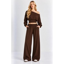Mevese Kayık Yaka Korseli Crop Bluz - Cep Detaylı Palazzo Modal Takım - Acı Kahve