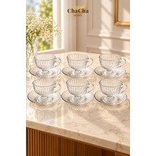 Chacha Home 12 Parça Yivli Cam Fincan Takımı 6 Kişilik Ayaklı Fincan ve Tabak Seti