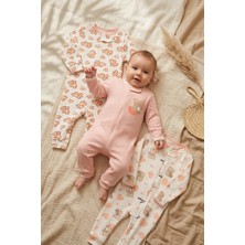 Mıdırık Kız Bebek 3'lü Set Pamuklu Fitilli Bebek Tulum Seti - Ayıcıklı Ve Kalp Desenli Pembe/ekru Fermuarlı Tulum