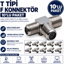 AŞIK STORE Aşık Store T Tipi F Konnektör 10 Adet 3 Dişi Girişli Metal Uydu Anten Kablo Tv Koaksiyel Kablo Birleştirici T Bağlantı Adaptörü