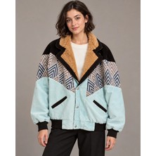 Can Moda Canmoda Unisex Kürklü Yaka Vintage Aztek Ceket Oversize 90'lar Mont - 8078