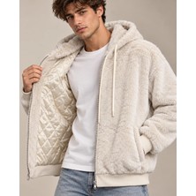 Can Moda Canmoda Private Yazı Aplikeli Ekru Parlak Peluş Kapitone Astarlı Kapüşonlu Ceket