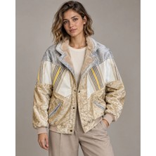 Can Moda Canmoda Unisex Kürklü Yaka Vintage Aztek Ceket Oversize 90'lar Mont - 8074