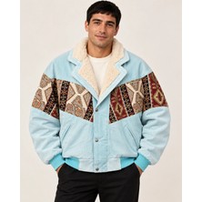 Can Moda Canmoda Unisex Kürklü Yaka Vintage Aztek Ceket Oversize 90'lar Mont - 8094