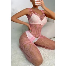 Global Pembe Askılı Dantel Detaylı File Vücut Çorabı TM1453