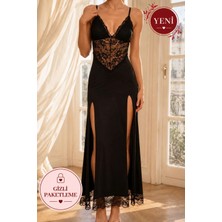 Neew Store Neewstore Gece Siyahı Dantel Panelli Ikili Derin Yırtmaçlı Maxi Fantazi Elbise
