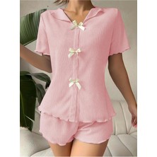 Neew Store Neewstore V Yaka Toz Pembe Pamuklu Fiyonk Detaylı Pijama Takımı