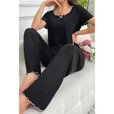 Neew Store Neewstore Siyah Pamuklu Fırfır ve Fiyonk Detaylı Kısa Kollu Pijama Takımı