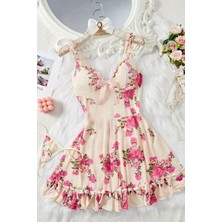 Neew Store Neewstore Mavi Çiçek Baskılı Katlı Volanlı Romantik Fantazi Gecelik