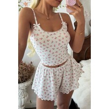 Neew Store Neewstore Ekru Minimal Çiçek Desenli Askılı Şortlu Pijama Takımı
