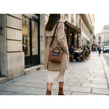 Natay Leather %100 Hakiki Deri Detaylı Kanvas Kadın Mini El ve Omuz Çantası 20X13 cm