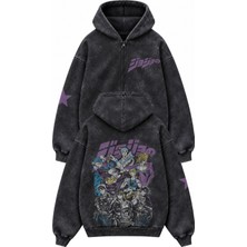 Fuddy Moda Unisex Oversize Jojo's Characters Sırt ve Kol Baskılı Kapüşonlu Fermuarlı Yıkamalı Anime Zip Hoodie
