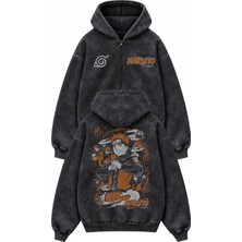 Fuddy Moda Unisex Oversize Naruto Sırt Baskılı Kapüşonlu Fermuarlı Yıkamalı Anime Temalı Zip Hoodie