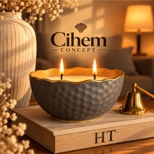 Cihem Butik Gold Şeritli Çift Fitilli Mum Kasesi - Tekli - Füme