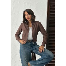 Sun Style Kahverengi Kol Düğme Detay Tasarım Süet Crop  Ceket