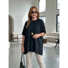 Defy Moda Kadın Bisiklet Yaka Kısa Yarasa Kollu Yanları Yırtmaçlı Oversize Dökümlü Merserize Bluz