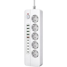 Happy Trend 5'li Akım Korumalı Priz | 5x Usb-A + 5x Type-C | 3500W Güç | Qc 20W Hızlı Şarj | Açma Kapama Anahtarlı | 2 Metre Kablo