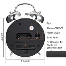 Happy Trend Akar Saniyeli Büyük Boy Nostaljik Analog Çalar Saat - Fosforlu Işıklı Alarmlı Yüksek Ses Hediyelik Saat Mavi