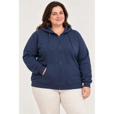 Defy Moda Battal Büyük Beden Üç Iplik Içi Şardonlu Kapüşonlu Tam Fermuarlı Kışlık Sweatshirt - Lacivert