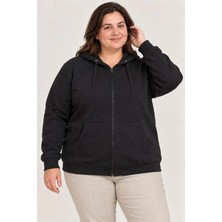 Defy Moda Battal Büyük Beden Üç Iplik Içi Şardonlu Kapüşonlu Tam Fermuarlı Kışlık Sweatshirt - Siyah