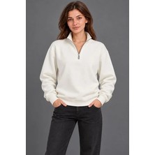 Defy Moda Üç Iplik Içi Şardonlu Dik Yaka Yarım Fermuarlı Kışlık Sweatshirt - Beyaz